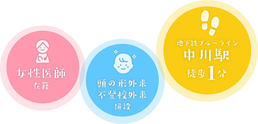 女性医師在籍　頭の形外来/不登校外来併設　地下鉄ブルーライン中川駅徒歩1分